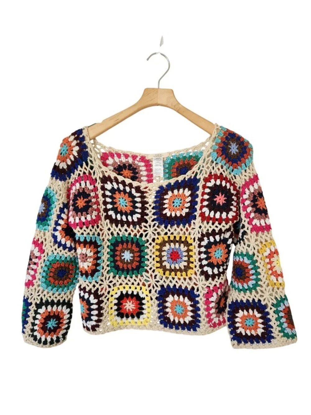 Colorful Crochet Granny Square Sweater Summer Beach Festival Boho Hippie Cropped - Picture 1 of 8
